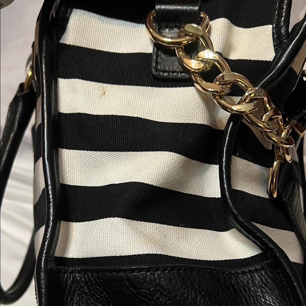 Michael Kors Black and White Striped Hamilton Canvas Tote with Gold Hardward - Picture 7 of 12